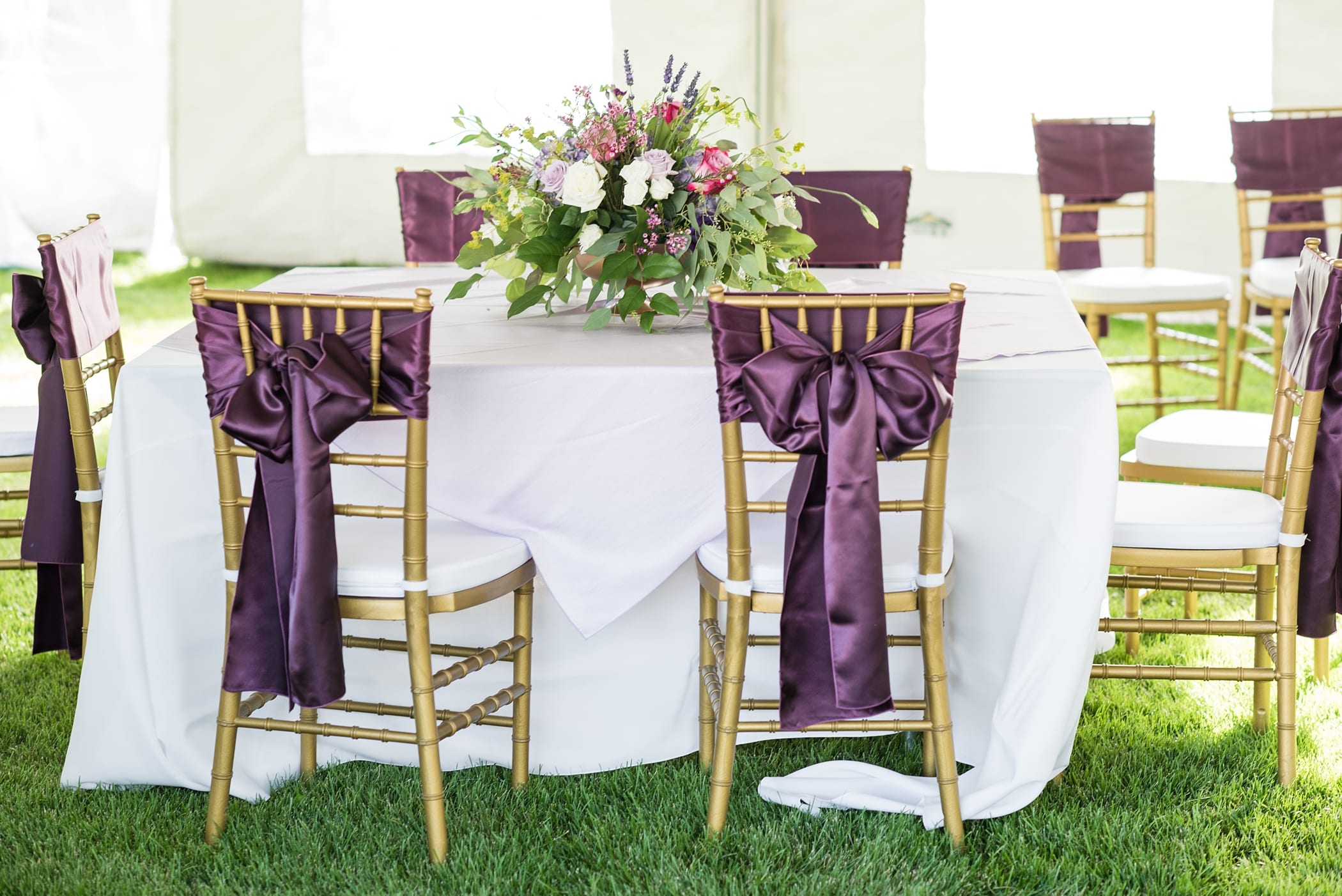 Purple and Gold Outdoor Tented Reception Idaho Falls by Michelle & Logan