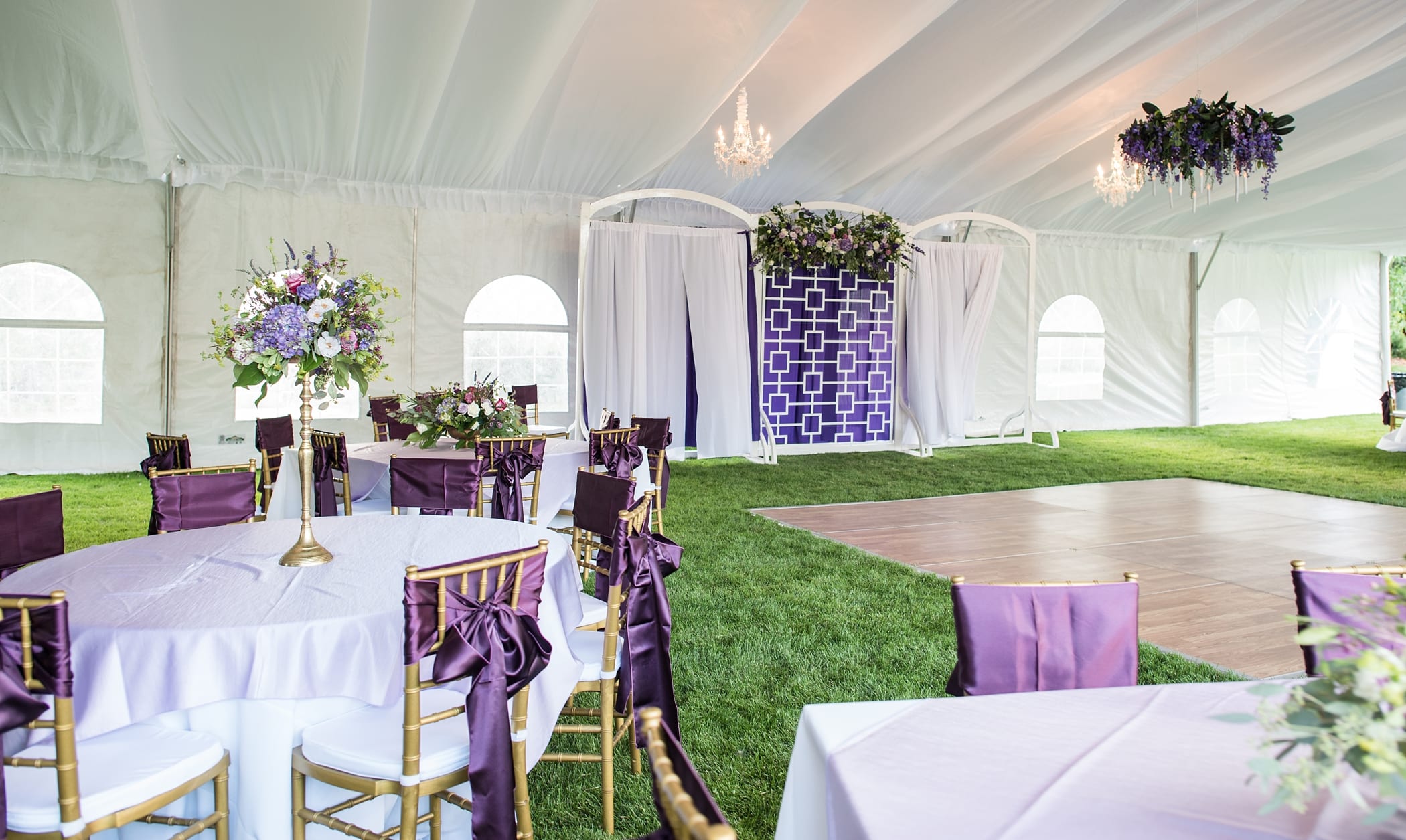 Purple and Gold Outdoor Tented Reception Idaho Falls by Michelle & Logan