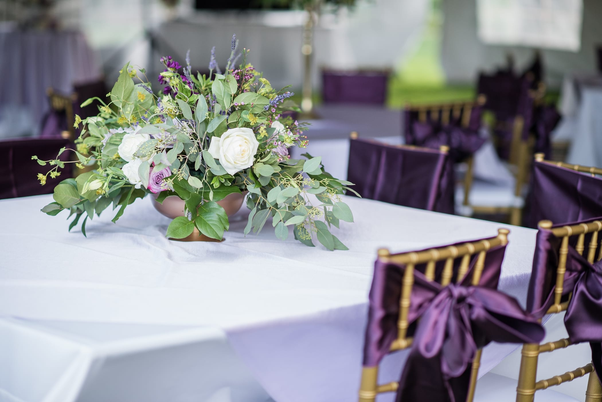 Purple and Gold Outdoor Tented Reception Idaho Falls by Michelle & Logan