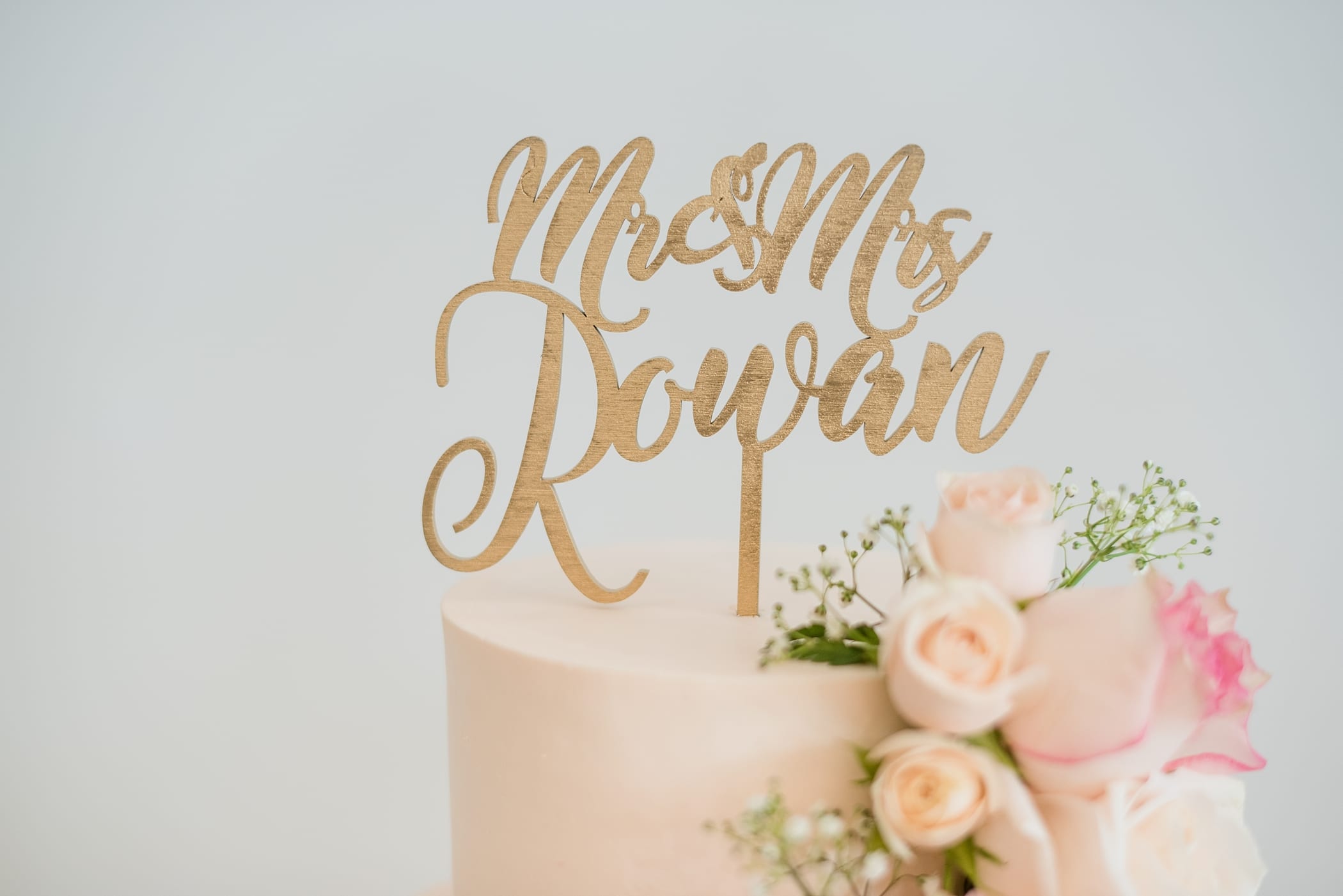 Simple white wedding cake • Blush and White Florals • Cake topper | Michelle & Logan Photo+Films