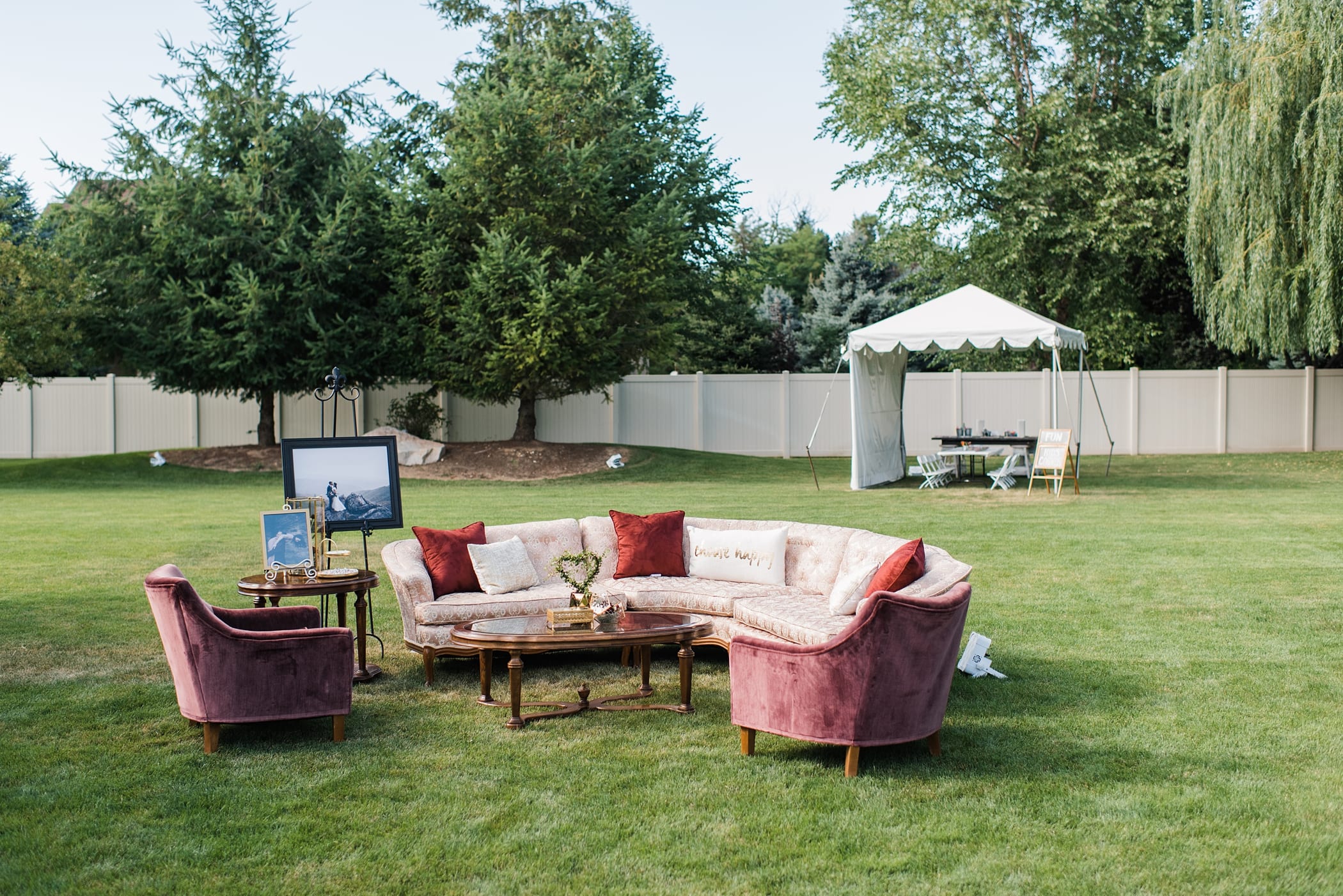 Outdoor backyard summer wedding reception in Eagle Idaho by Michelle & Logan