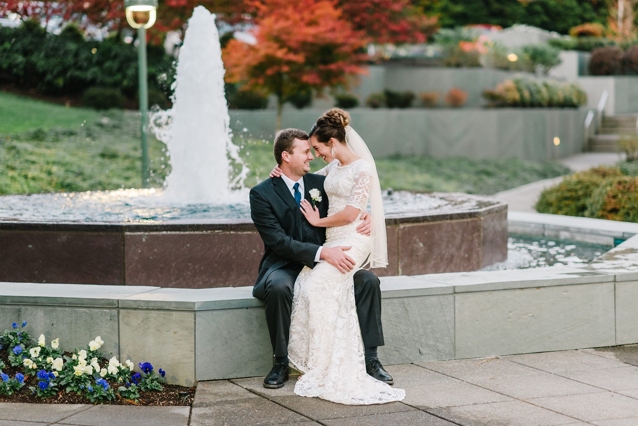Classic Blue and white Portland Oregon Temple wedding in the fall by Michelle & Logan