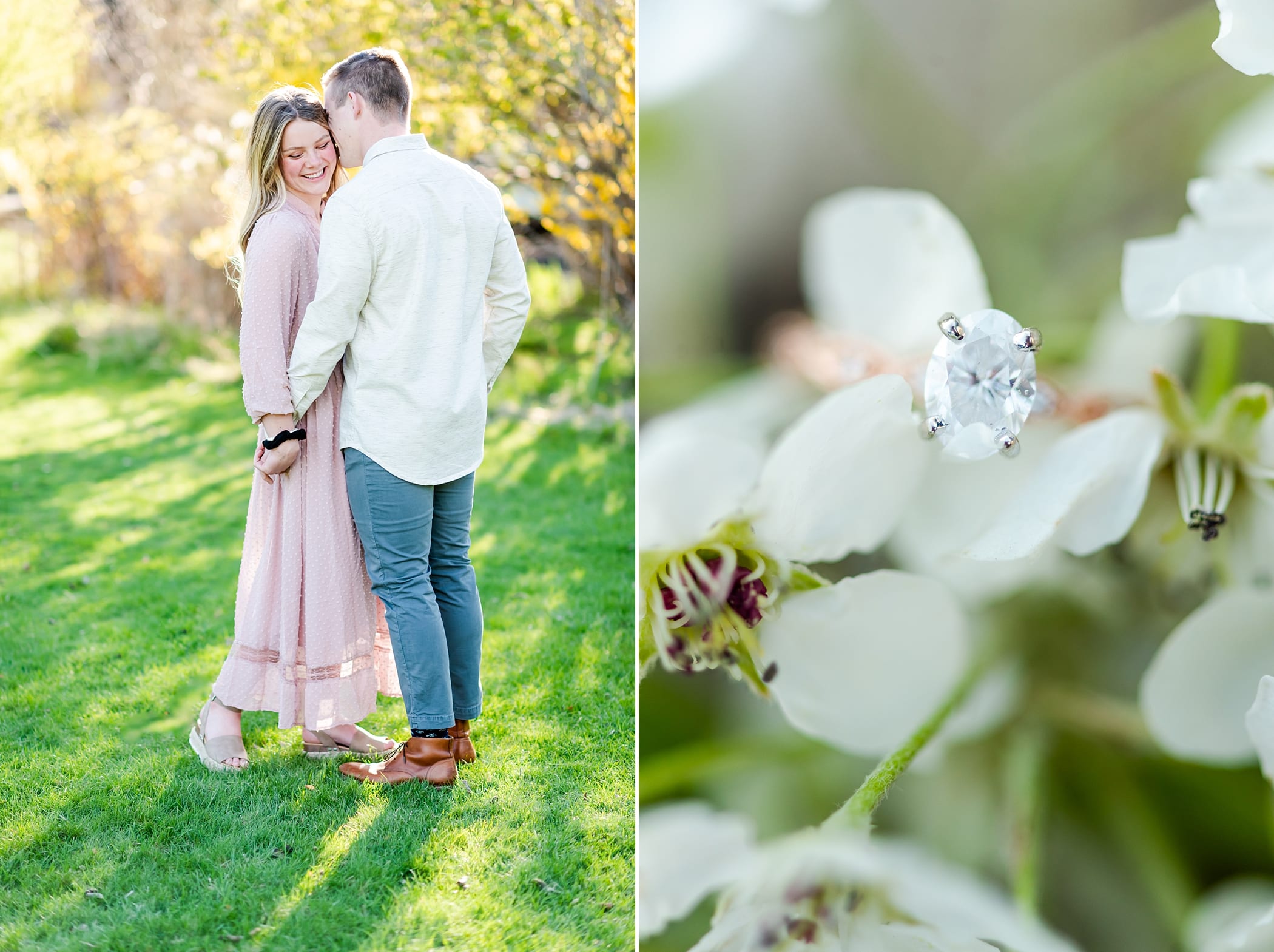 Blossom spring engagements in blush dress and button up shirt at Boise Idaho