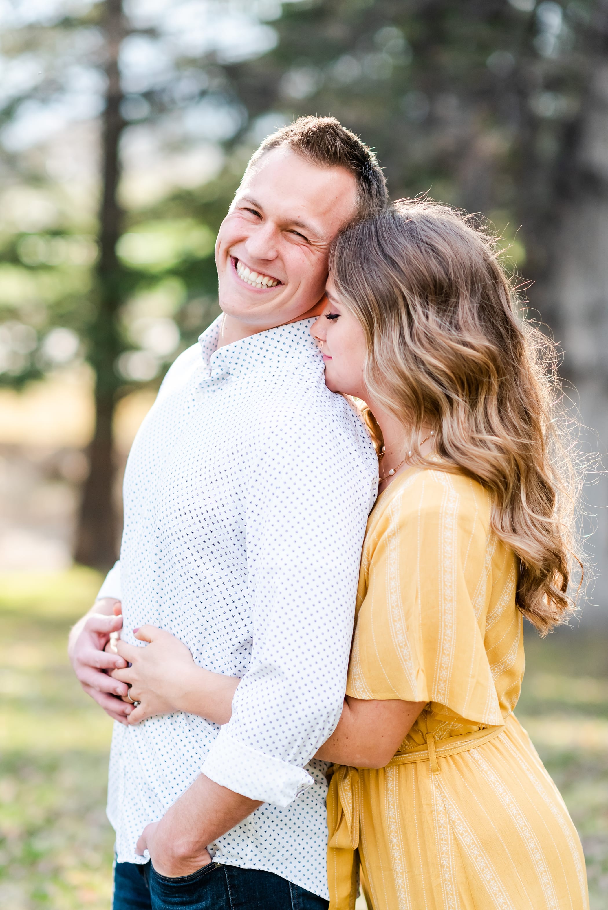 what to wear in spring engagement photos: yellow dress and white button up
