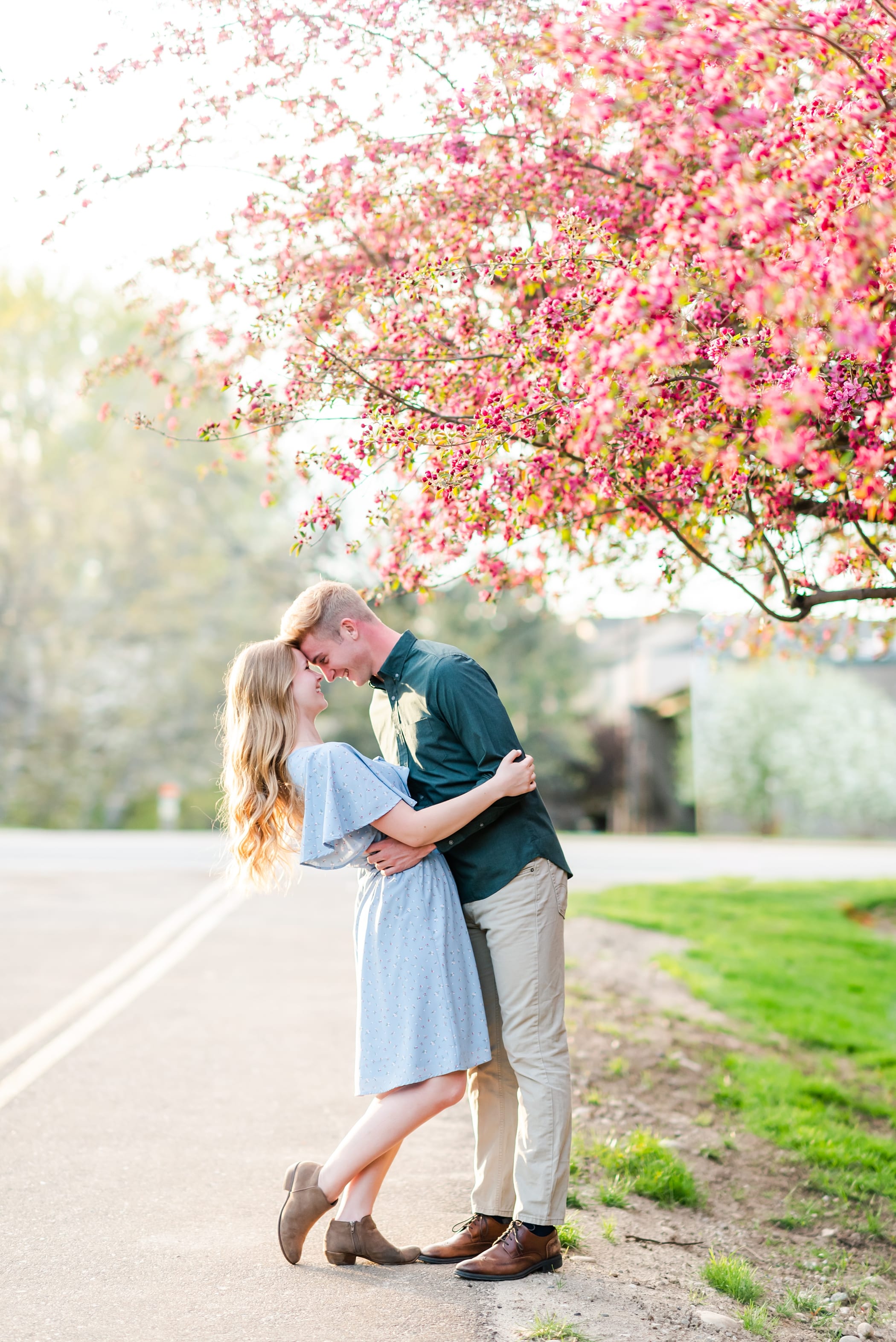 Pink blossom tree engagement pictures