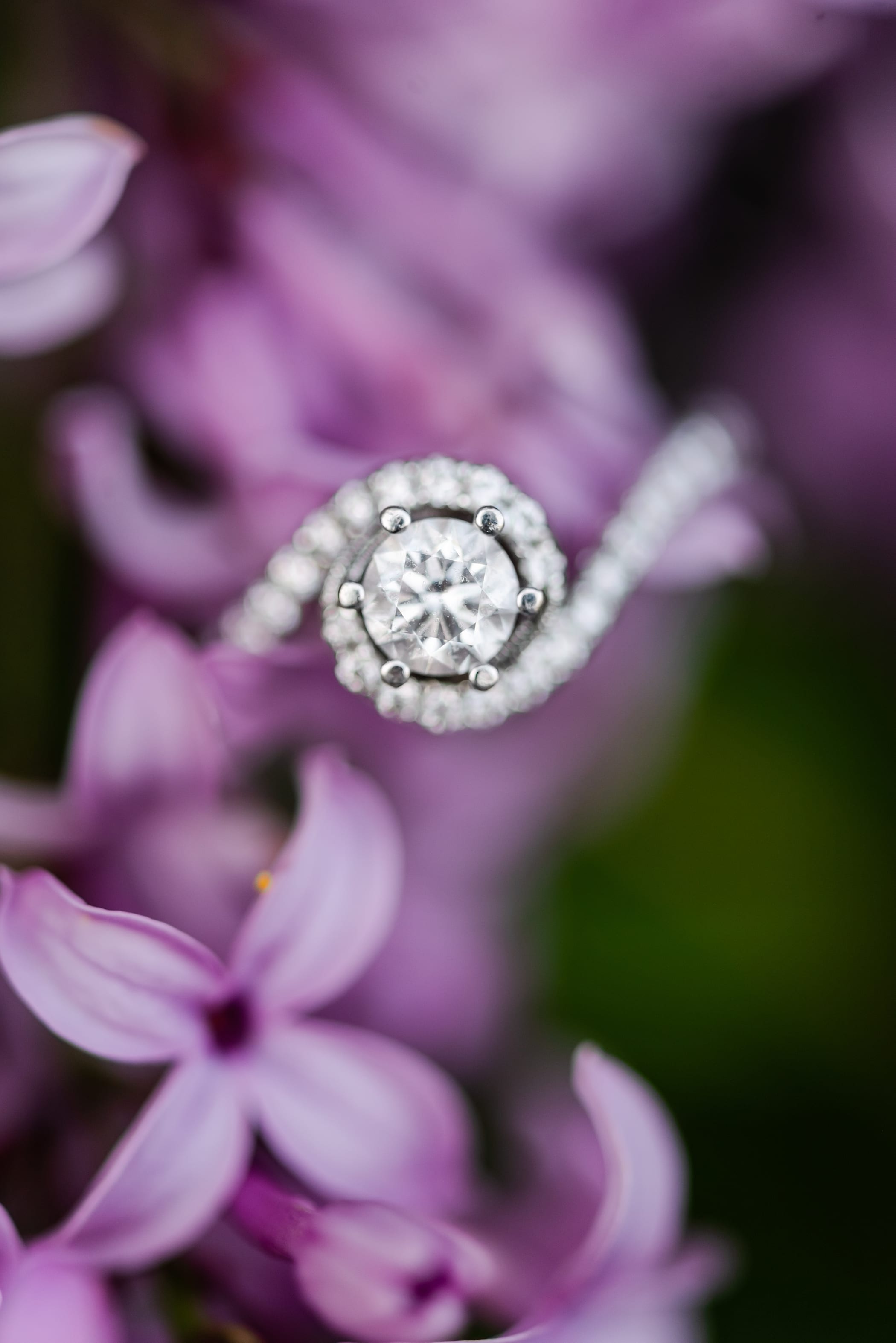 Engagement ring with swirl halo and round diamond