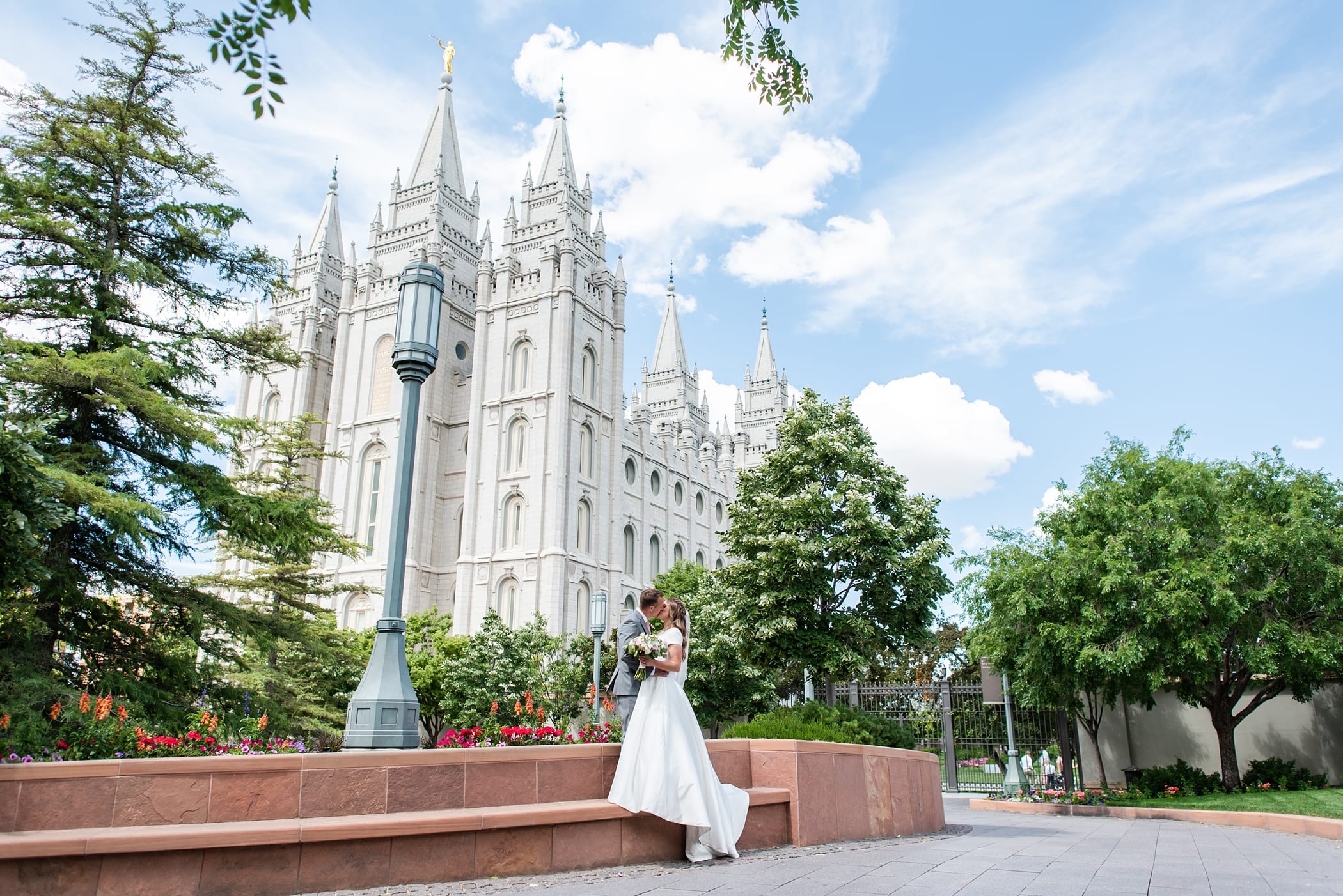 Bride and groom with the Salt Lake Temple wedding photo
