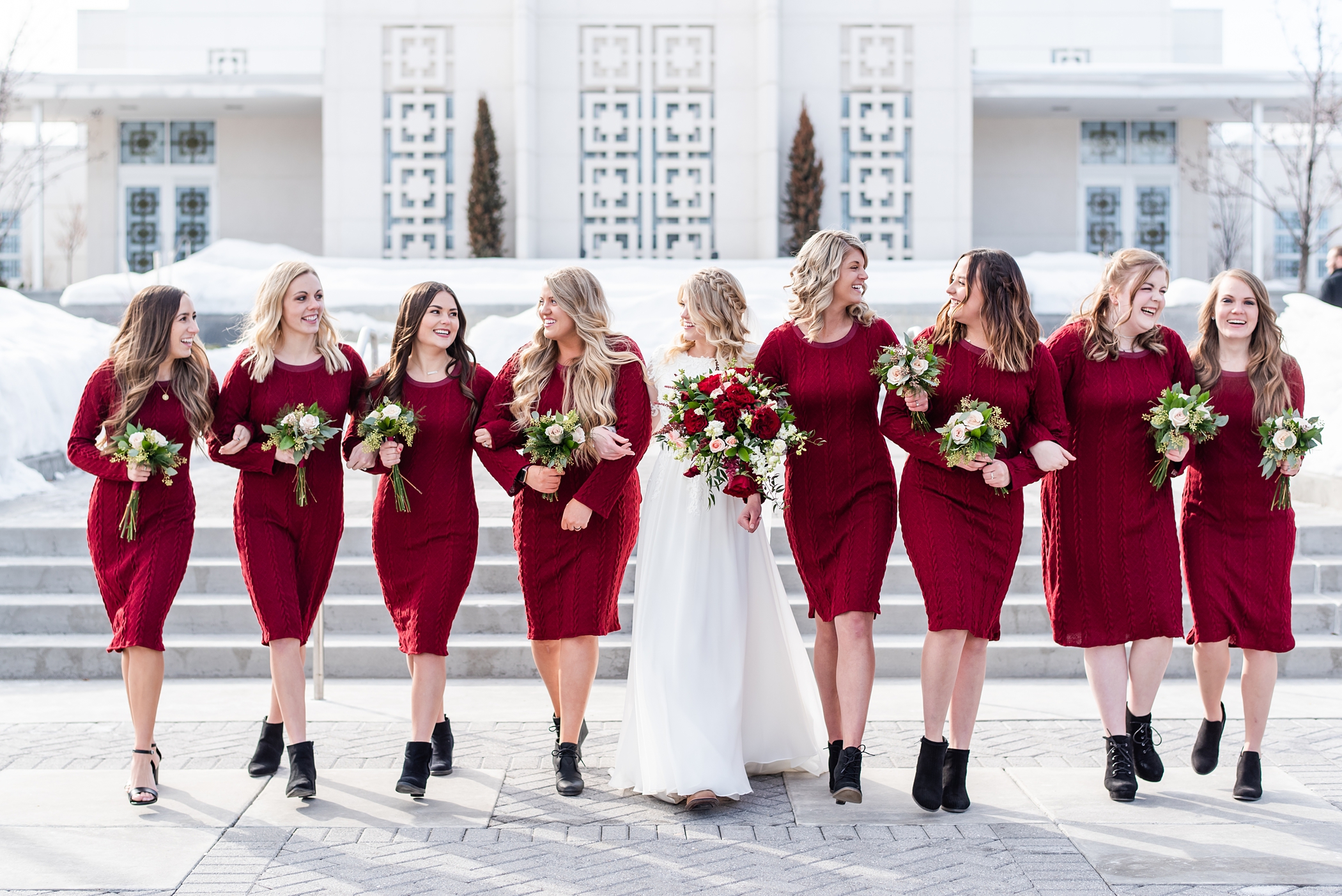 Bridal party in winter colors- burgundy