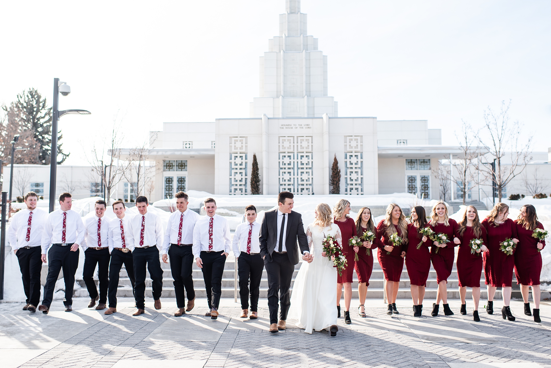 Bridal party in winter colors- burgundy